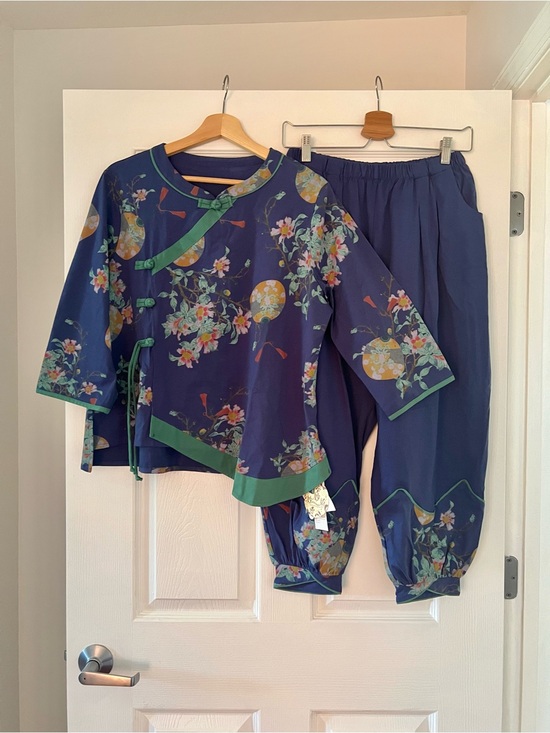 Other - Asian inspired Navy Floral Two-Piece Pajama Set with Green Trim